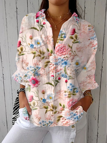 Women's Vintage Embroidery Floral Art Print Casual Linen V-neck Shirt