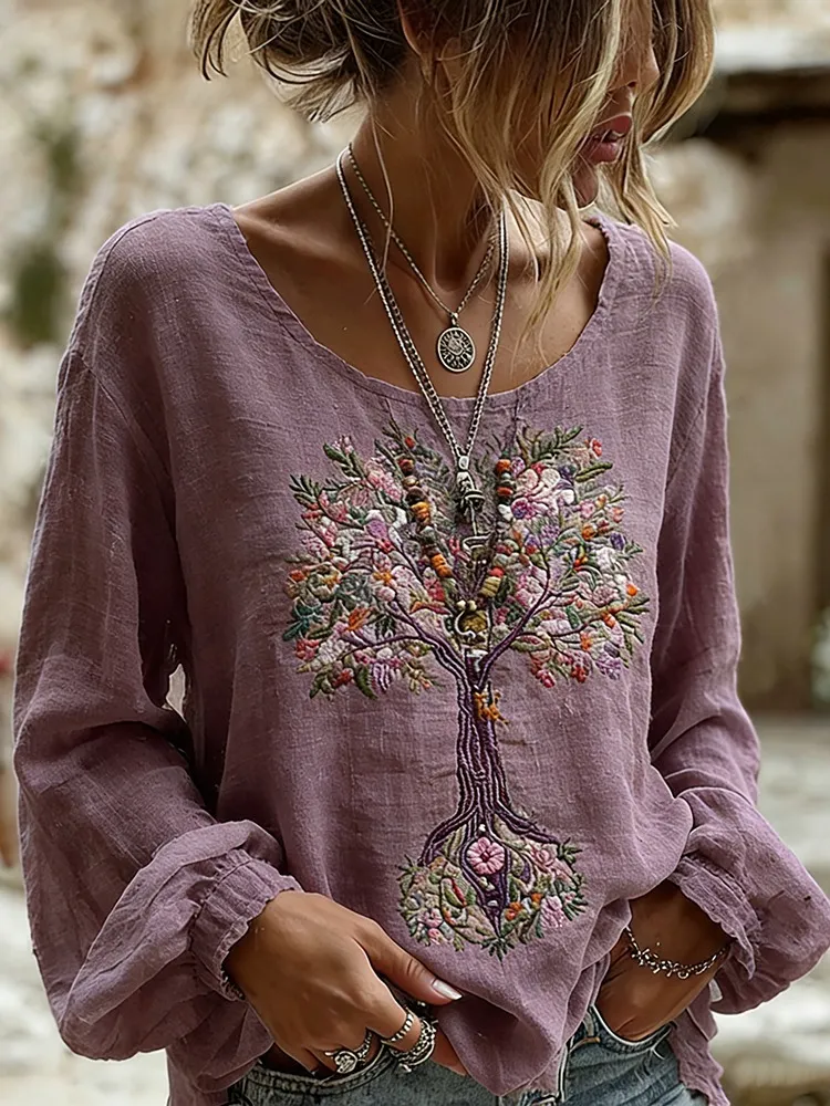 Women's Casual Long-sleeve T-shirt With Floral And Tree Art Print