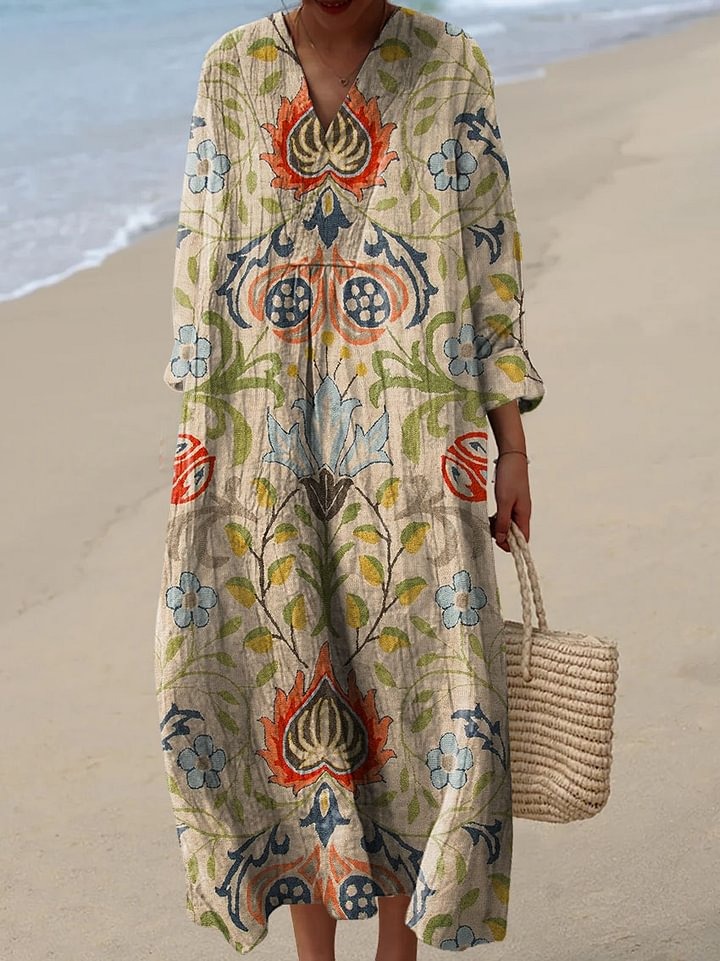 Women's Vintage Lovely Floral Pattern Art Print Casual Cotton Linen V-neck Shirt