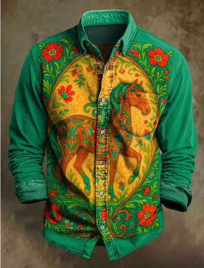 Vintage Fancy Horse Floral Art Print Cotton Long Sleeve Shirt