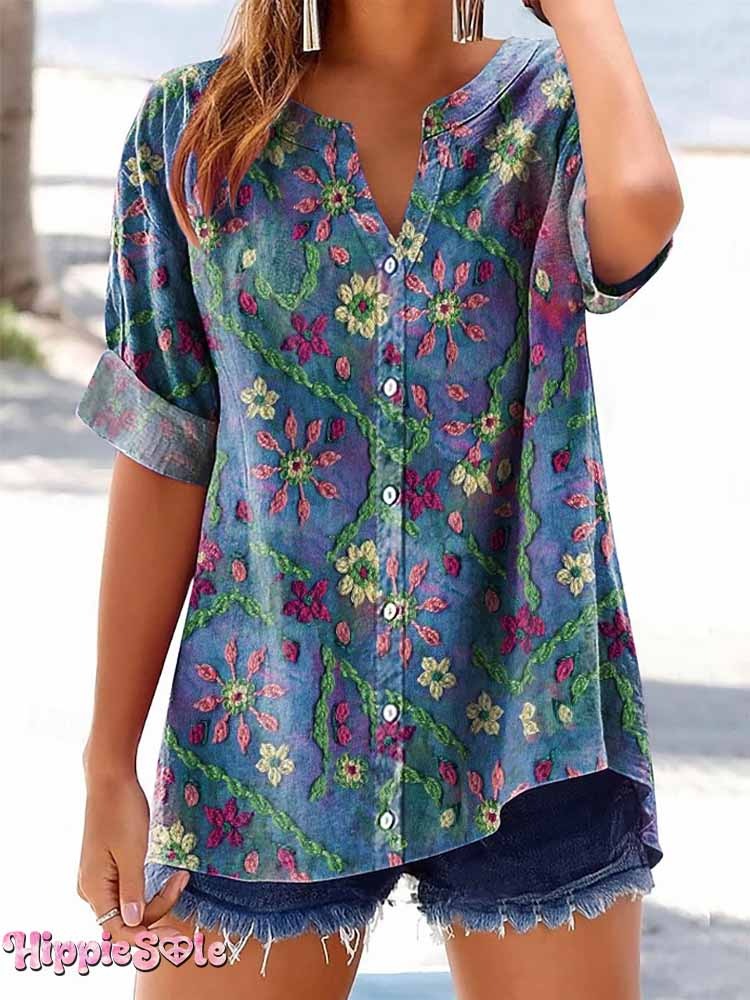 Womens Bohemian Ethnic Floral Art Print Casual Cotton Linen Shirt