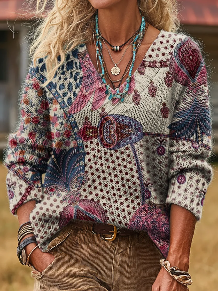 Unisex Retro Ethnic Floral Art Print Casual Long-Sleeve V-Neck Wool Bl