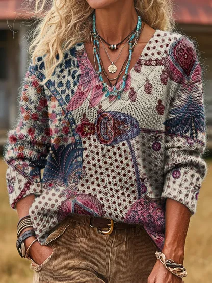 Unisex Retro Ethnic Floral Art Print Casual Long-Sleeve V-Neck Wool Blend Knit Sweater