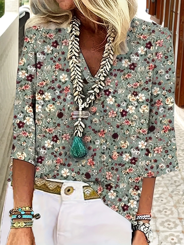 Women's Three Quarter Sleeve Blouse Spring/Fall Green Floral Printing 