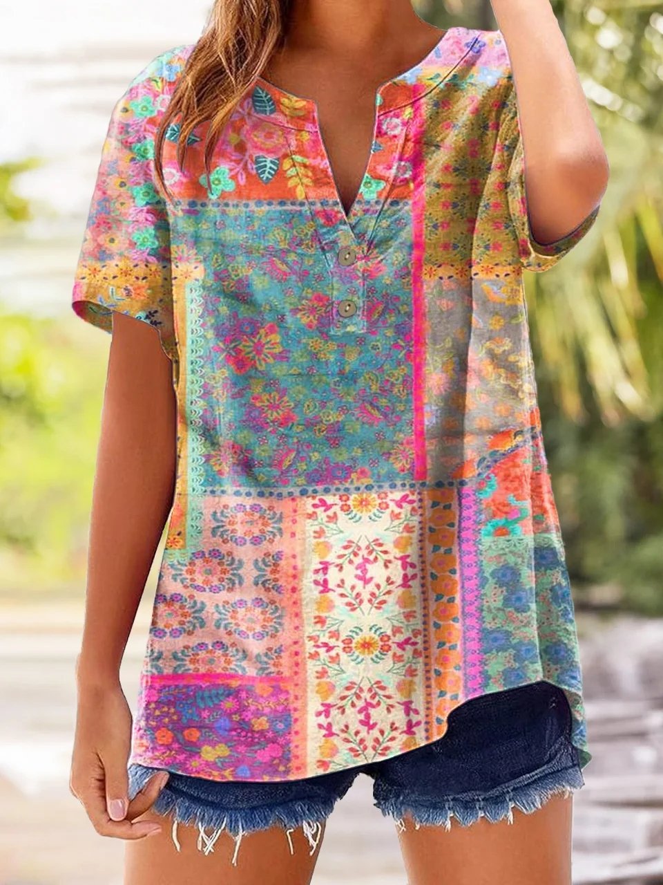Women's Casual Retro Geometric Patchwork Floral Art Cotton And Linen Shirt