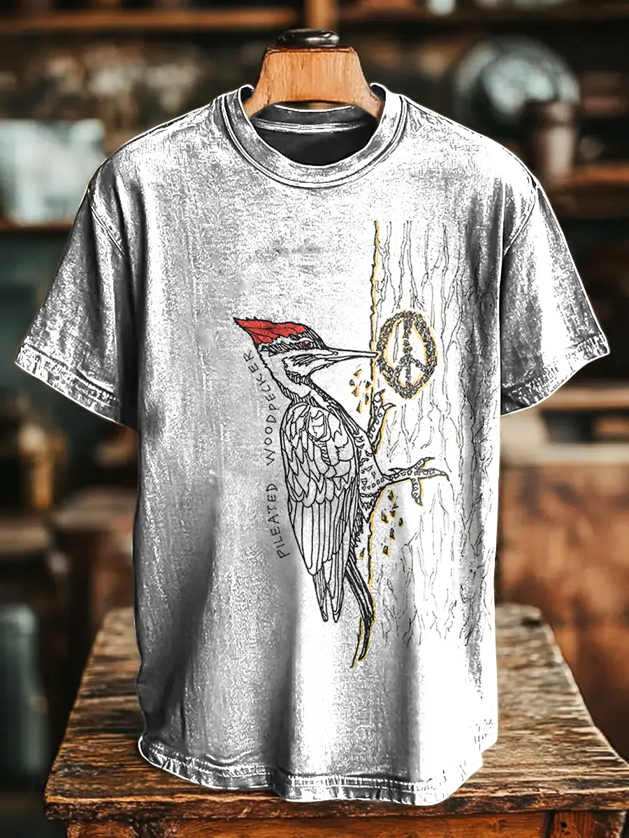 Hippie Funny Pileated Woodpecker Unisex Vintage Art Print Casual T-shirt