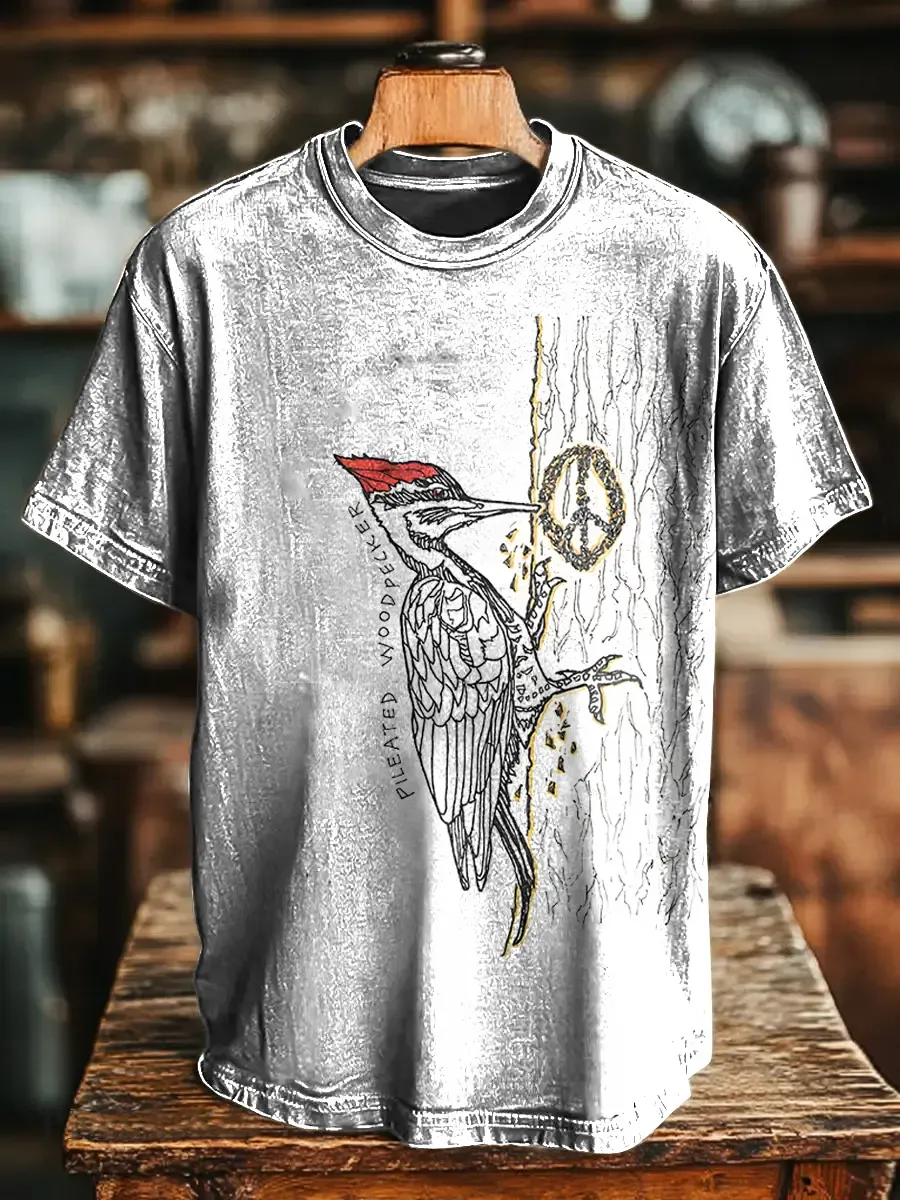 Hippie Funny Pileated Woodpecker Unisex Vintage Art Print Casual T-shi