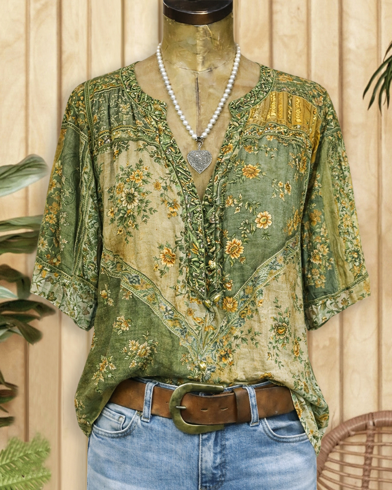 Floral Print Pastoral V Neck Blouse