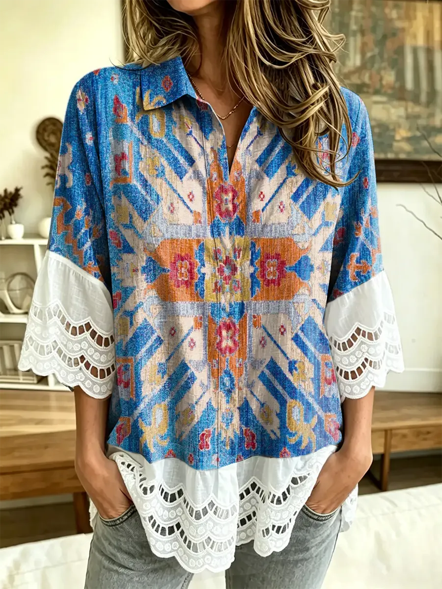 Women's Tropical Leaf Print Lace Trim Blouse