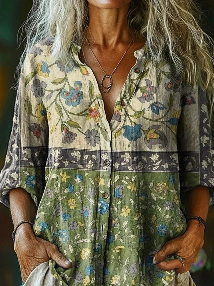 Women's Retro Ethnic Pattern Artistic Print Casual Cotton-Linen Shirt