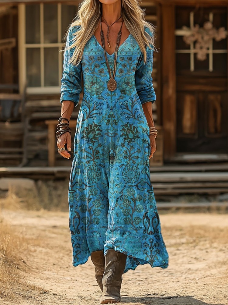 Women's Vintage Ethnic Blue Floral Totem Art Print Pocket Cotton V-Neck Long-Sleeve Dress