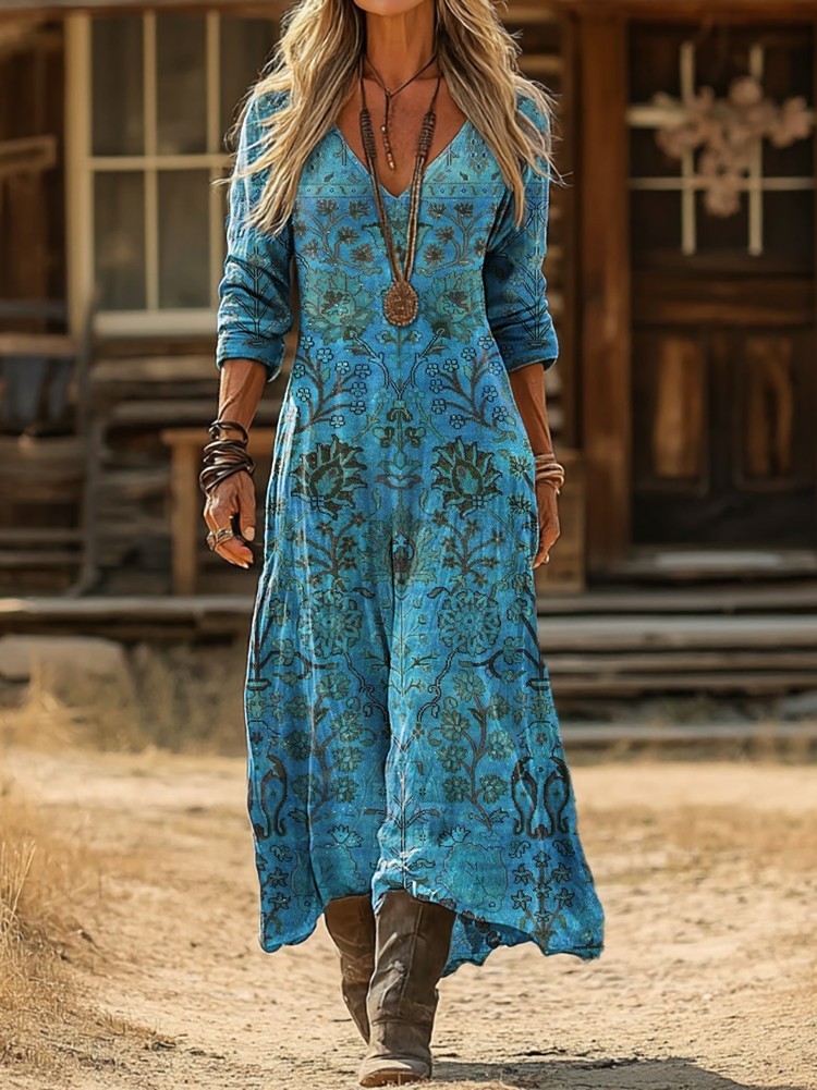 Women's Vintage Ethnic Blue Floral Totem Art Print Pocket Cotton V-Nec