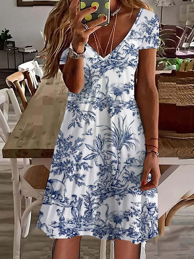 Women's Retro Flora and Fauna Realistic Print Short Sleeve V-Neck