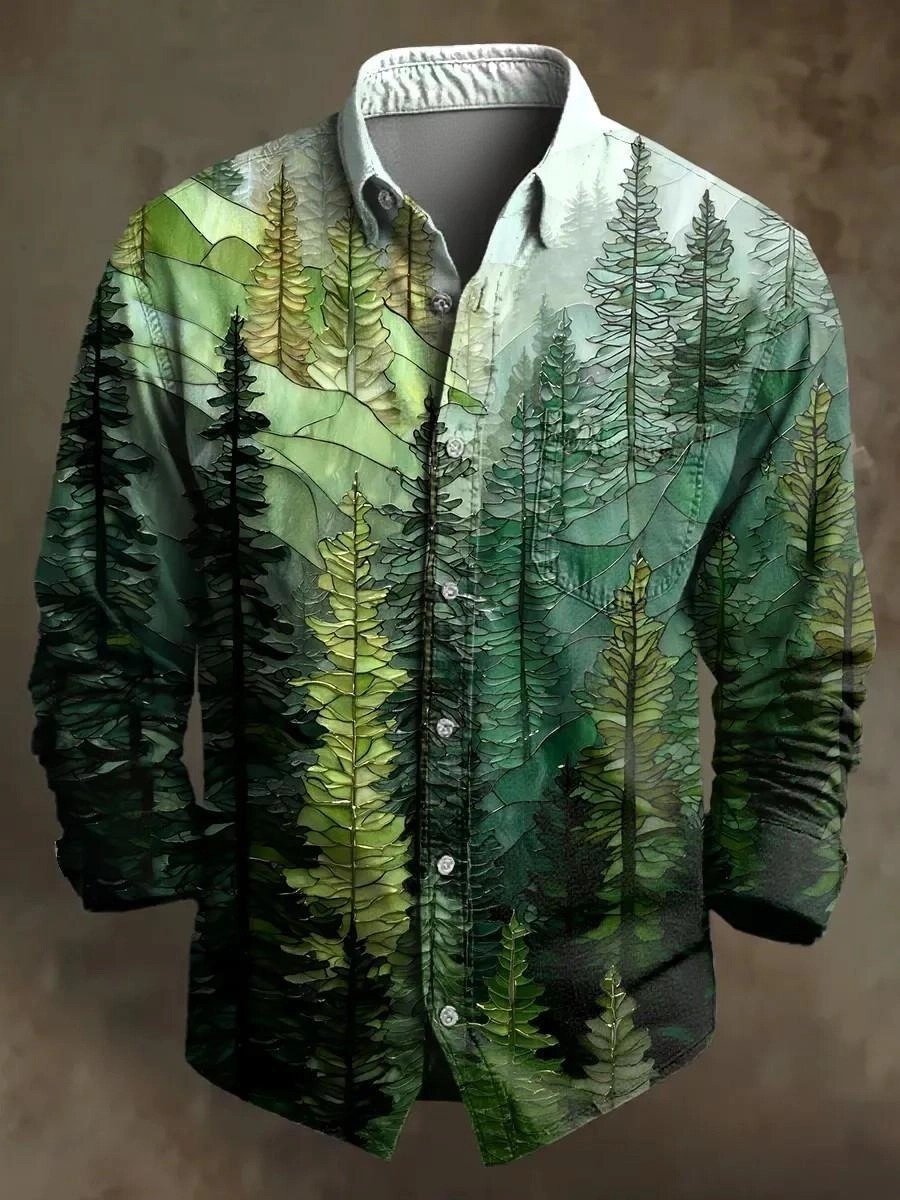Retro Leisure Multicolor Forest Art Print 100% Cotton Long Sleeve Shir
