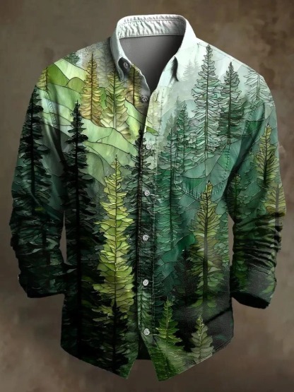 Retro Leisure Multicolor Forest Art Print 100% Cotton Long Sleeve Shirt
