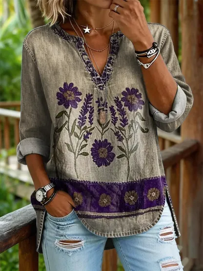 Women's Vintage Ethnic Floral Pattern Art Print Casual V-neck Washed Cotton Denim Top