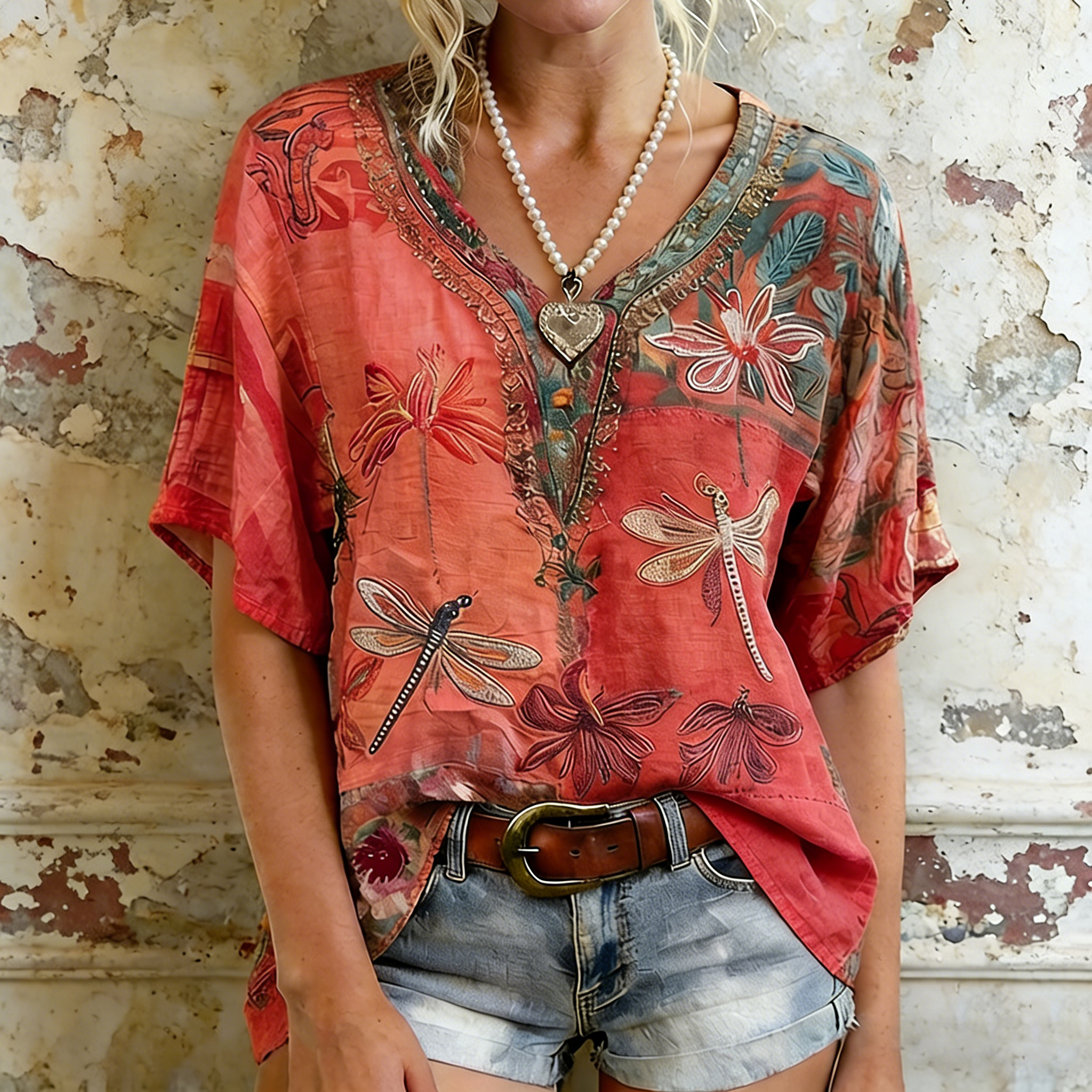 Women's Dragonfly And Floral Art  Flowy Linen Blend Short Sleeve Tops