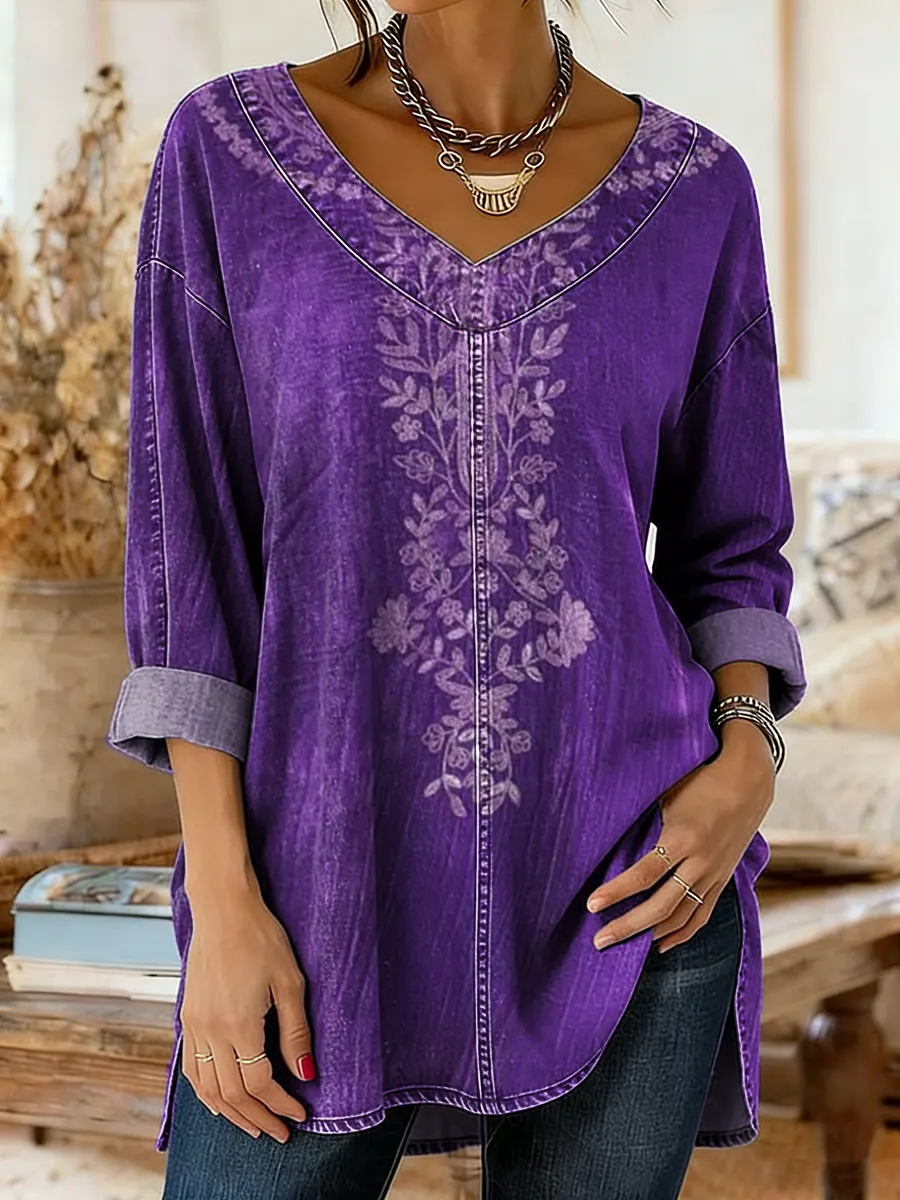 Ethnicity Flowers Totem Women's Art Print Casual Washed Denim Cotton Top