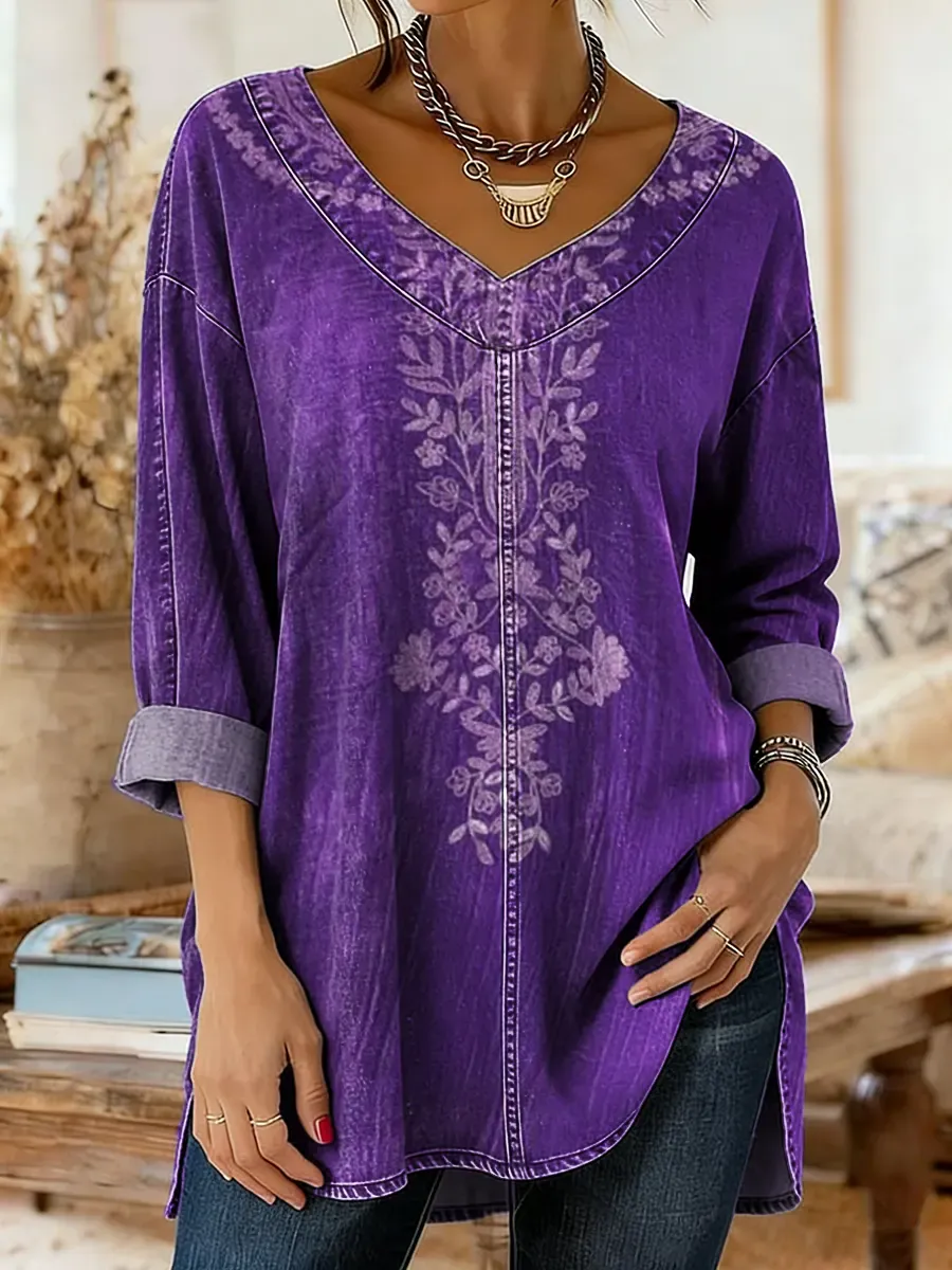 Ethnicity Flowers Totem Women's Art Print Casual Washed Denim Cotton Top