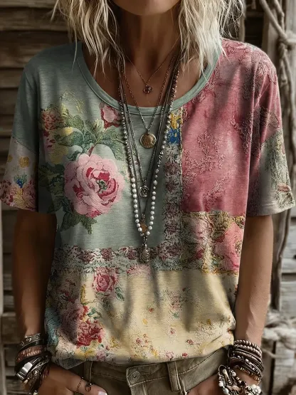Ethnicity Patchwork Bohemia Flowers Women And Men's Vintage Art Print Casual T-shirt