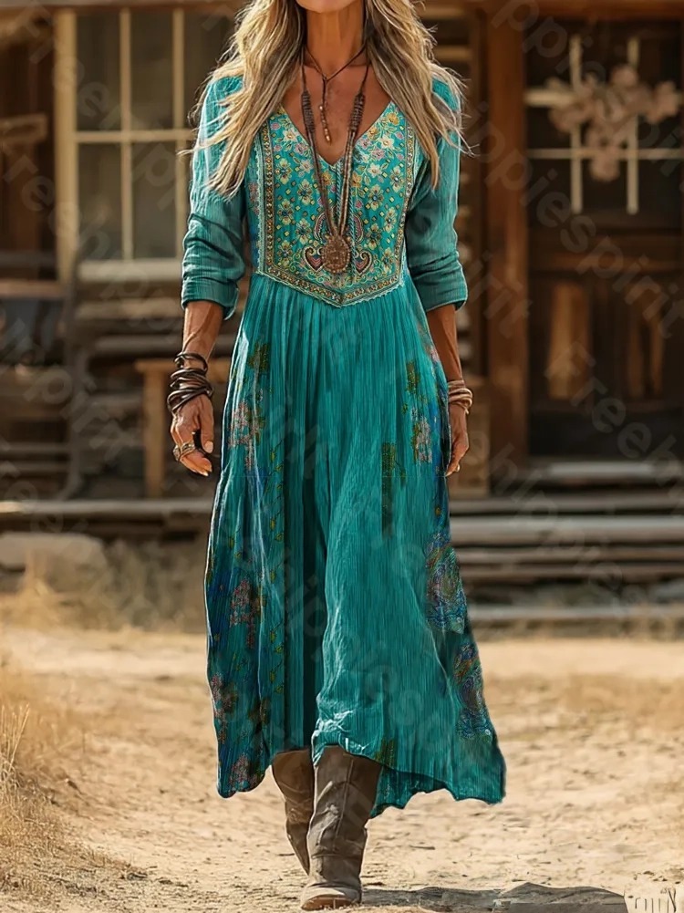 Women's Vintage Ethnic Floral Print Artistic Pocket Cotton Dress