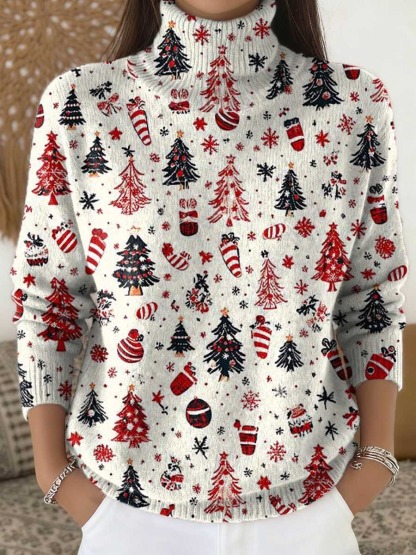 Women's Christmas Tree Art Print Buttoned Cardigan Sweater