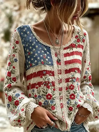 Women's American Flag Floral Print Cotton Blouse