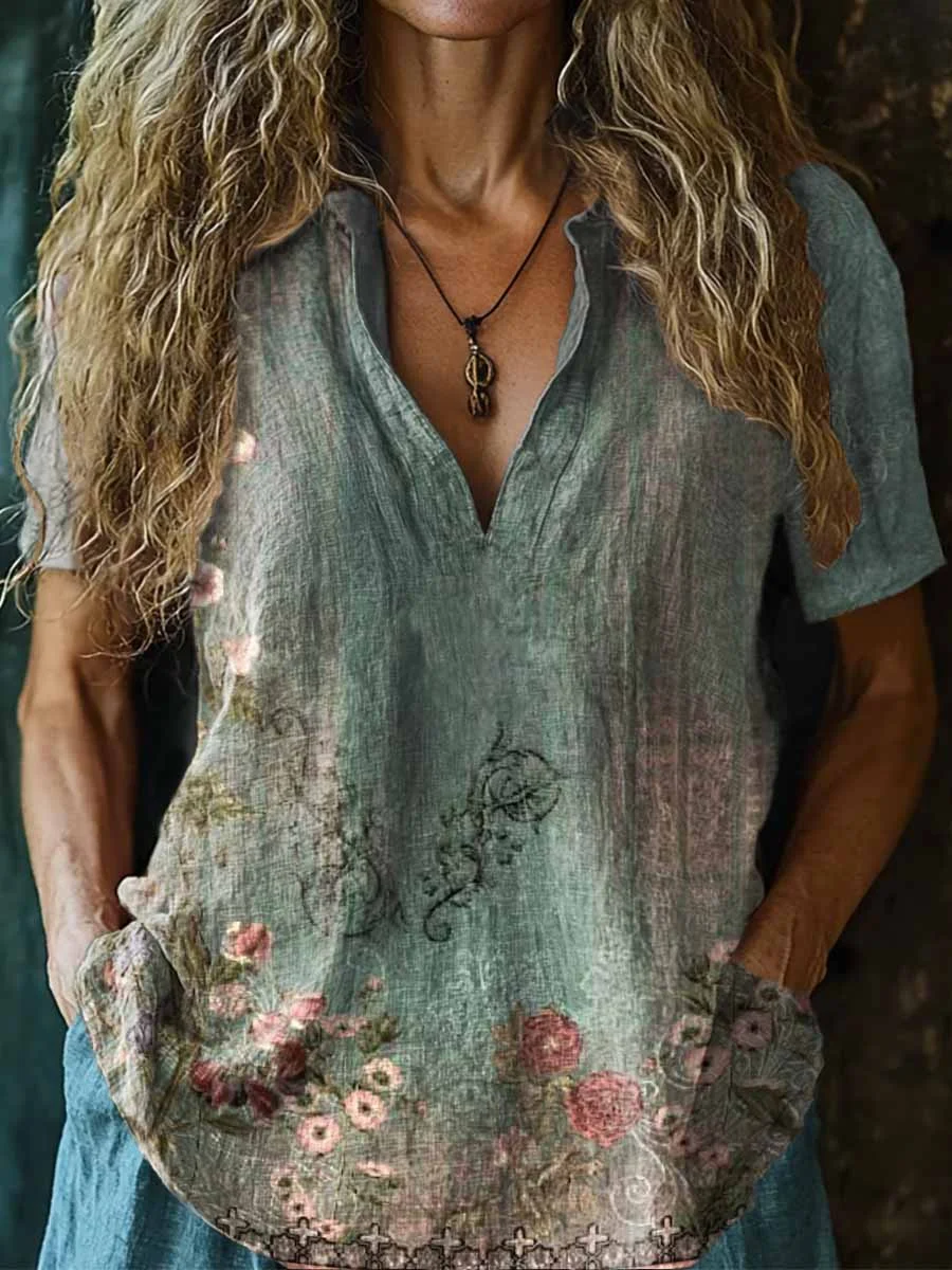 Women's Vintage Ethnic Floral Print 100%Cotton V-neck T-Shirt