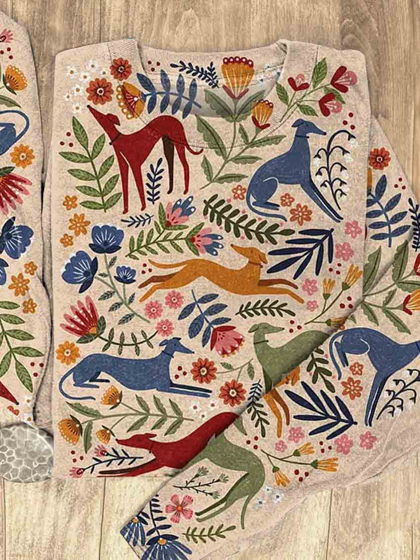 Colorful Vintage Greyhound Dog Art Print Casual Sweatshirt