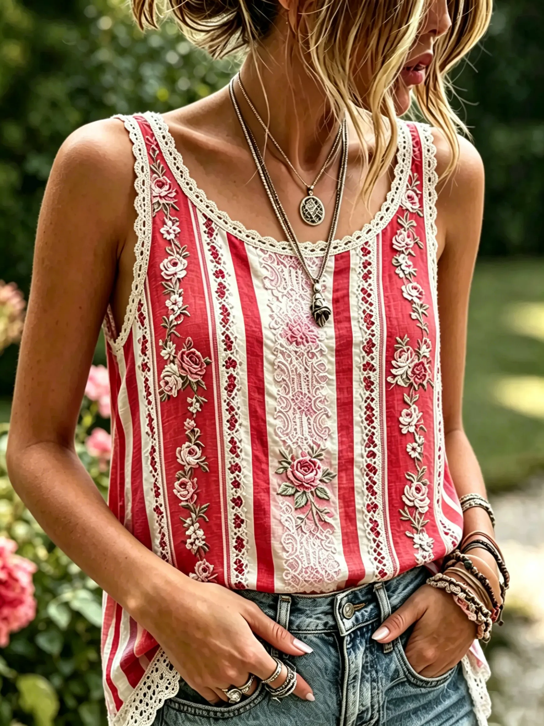 Women's Stripe Floral Print Cotton Lace Trim Sleeveless Tank Top