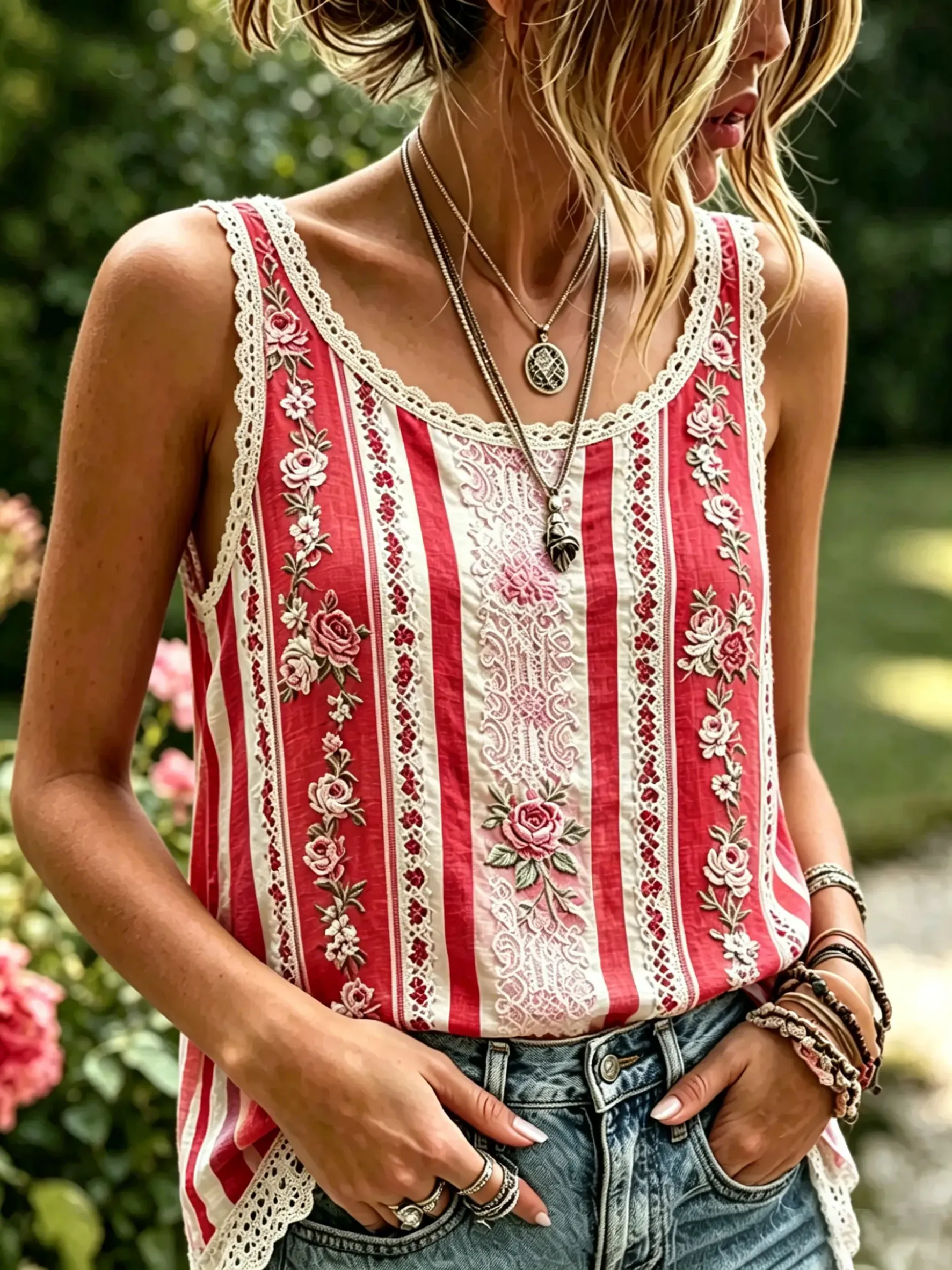 Women's Stripe Floral Print Cotton Lace Trim Sleeveless Tank Top