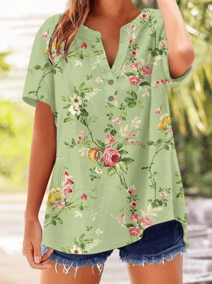 Women's Vintage Botanical Floral Button Design V-Neck Short Sleeve Shirt