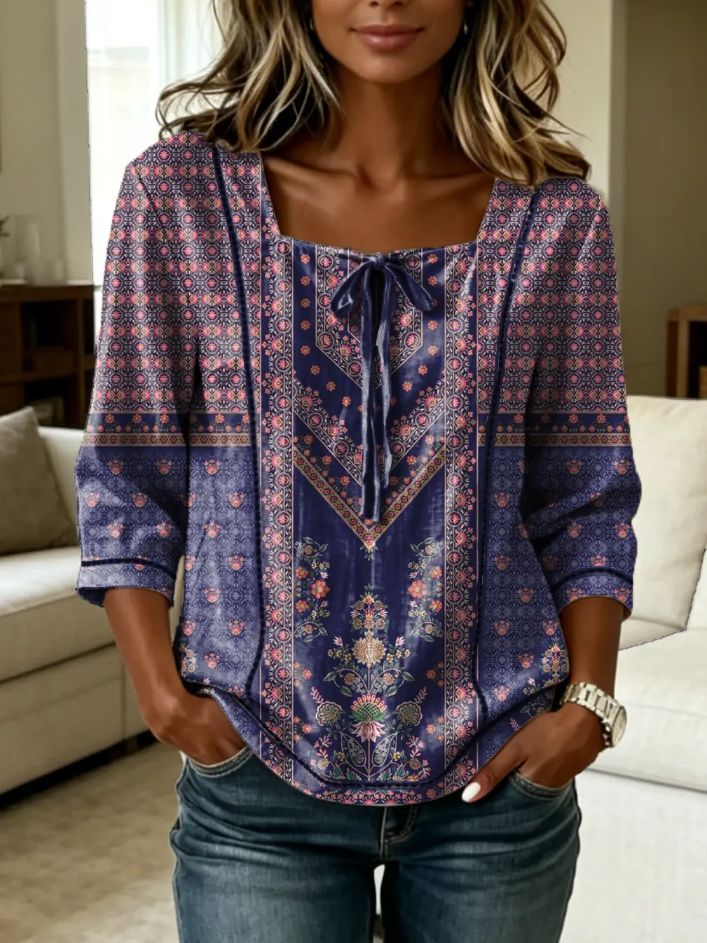 Women's Retro Floral Print Tie-front Square-neck Short-sleeve Top