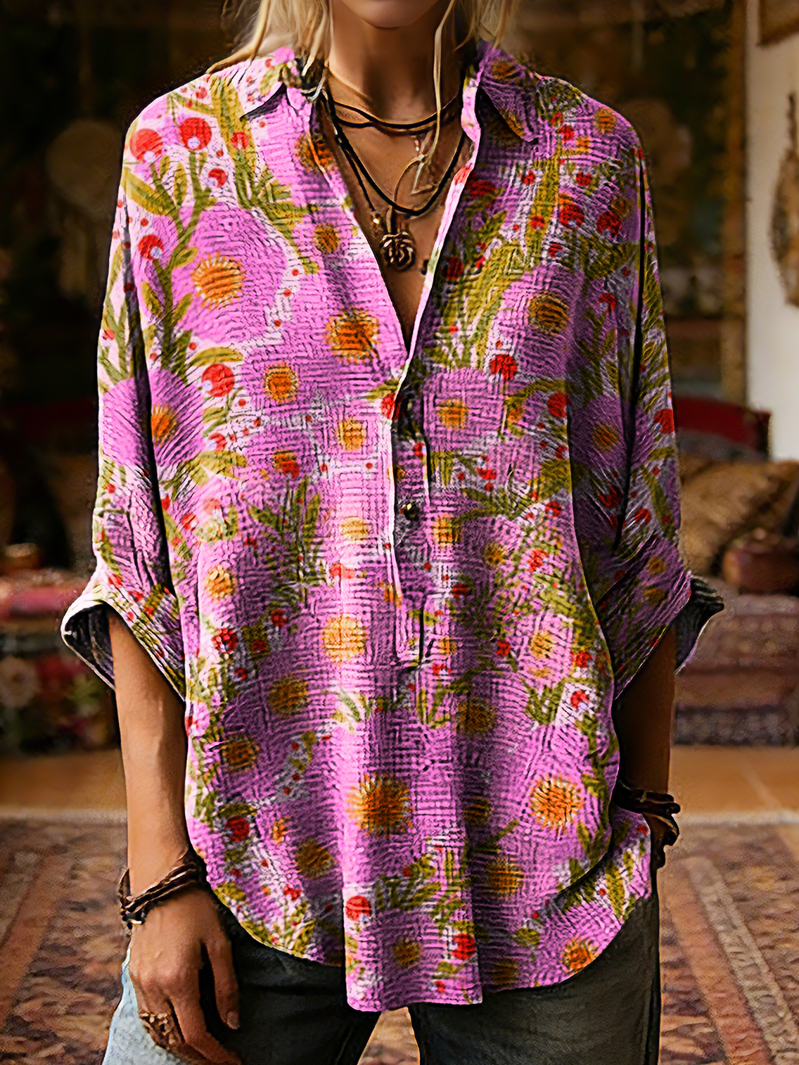 Women's Vintage Pink Floral Art Print Casual Linen Cotton Long Sleeve T-shirt