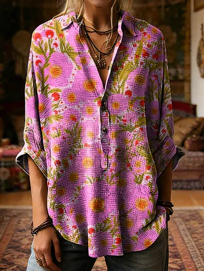 Women's Vintage Pink Floral Art Print Casual Linen Cotton Long Sleeve T-shirt