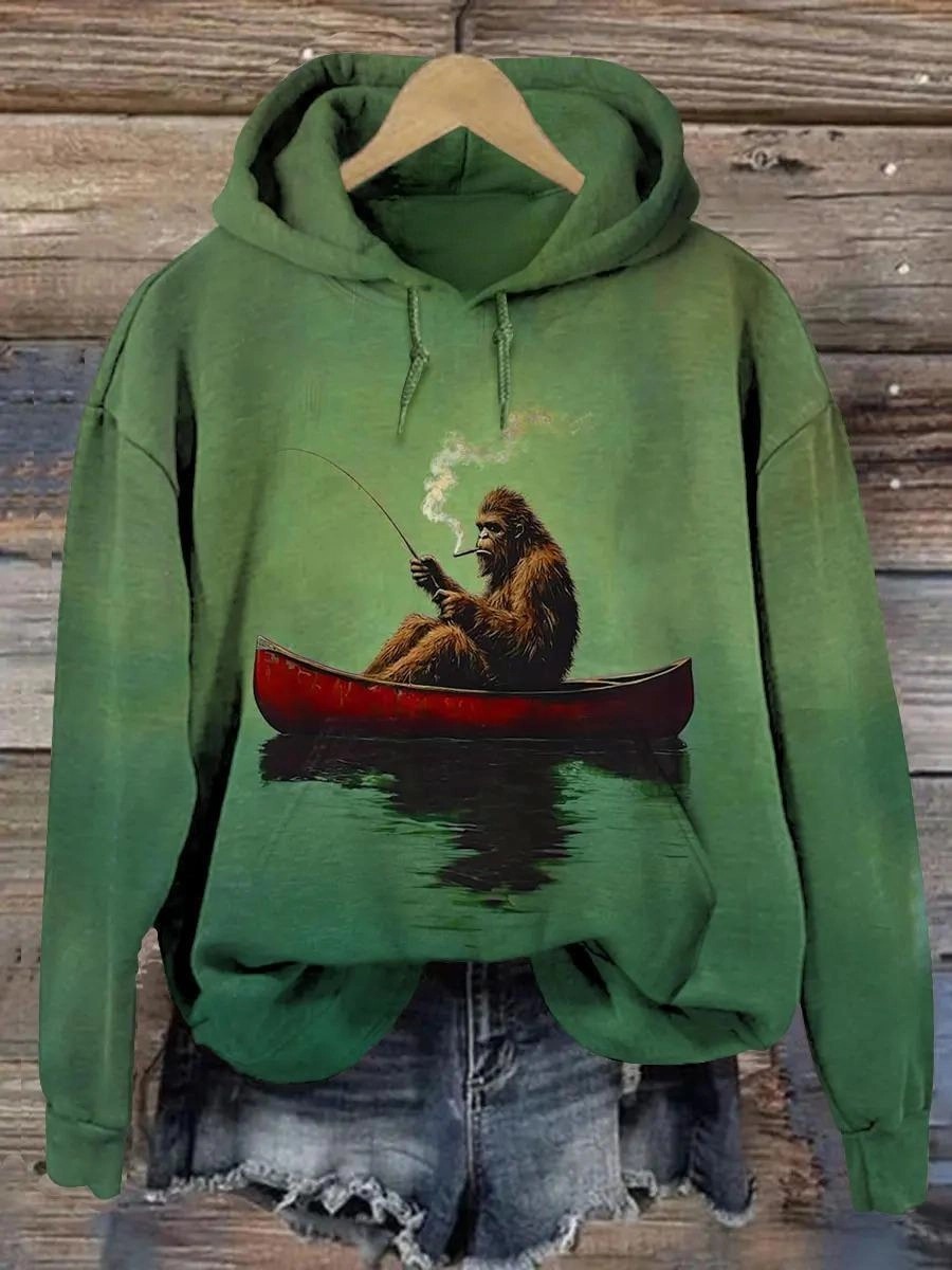 Bigfoot on a Red Canoe Fishing Retro Art Print Casaul Short Sleeve T-shirt