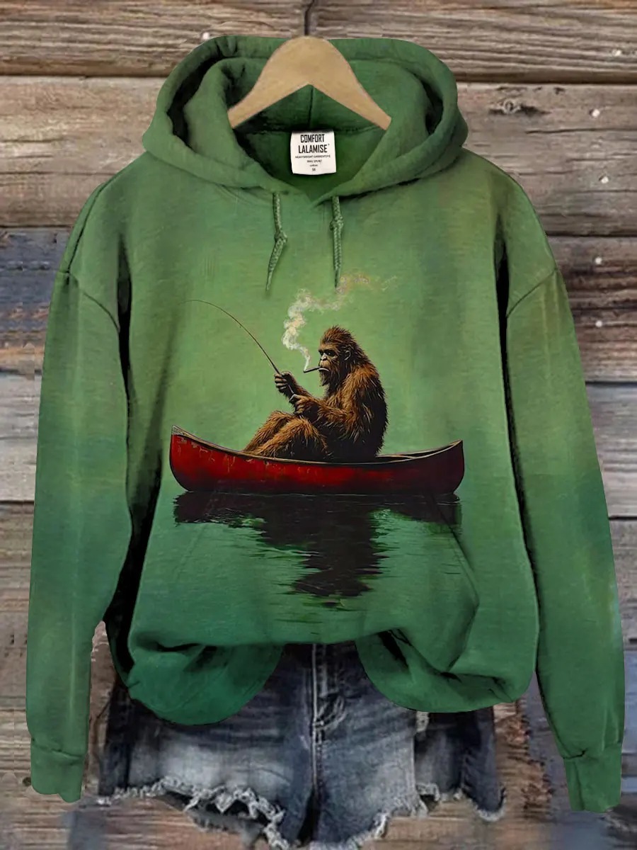 Bigfoot on a Red Canoe Fishing Retro Art Print Casaul Short Sleeve T-shirt
