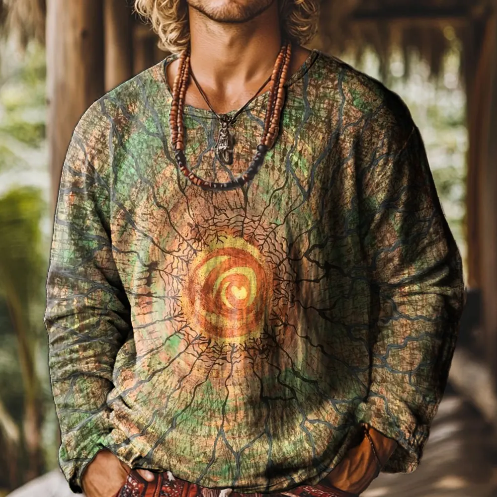 Ethnicity Texture Abstraction Crack Vintage Print Casual Cotton Shirt