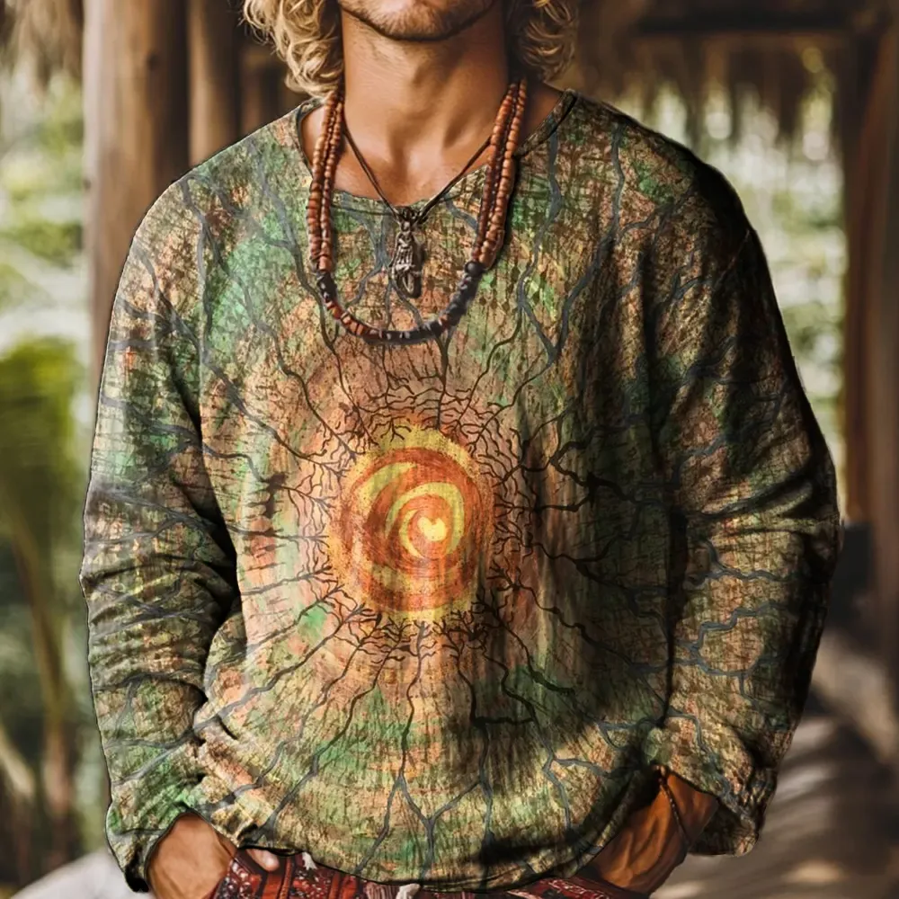 Ethnicity Texture Abstraction Crack Vintage Print Casual 100% Cotton S