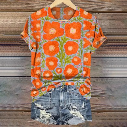 Women's Floral Pattern Art Print Casual Cotton Linen Shirt