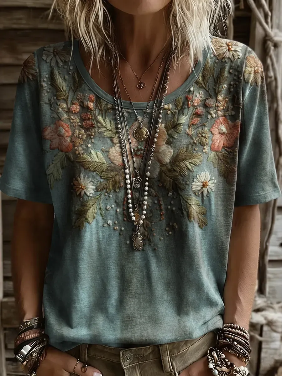 Ethnicity Vintage Flowers Texture Women And Men's Vintage Art Print Casual T-shirt