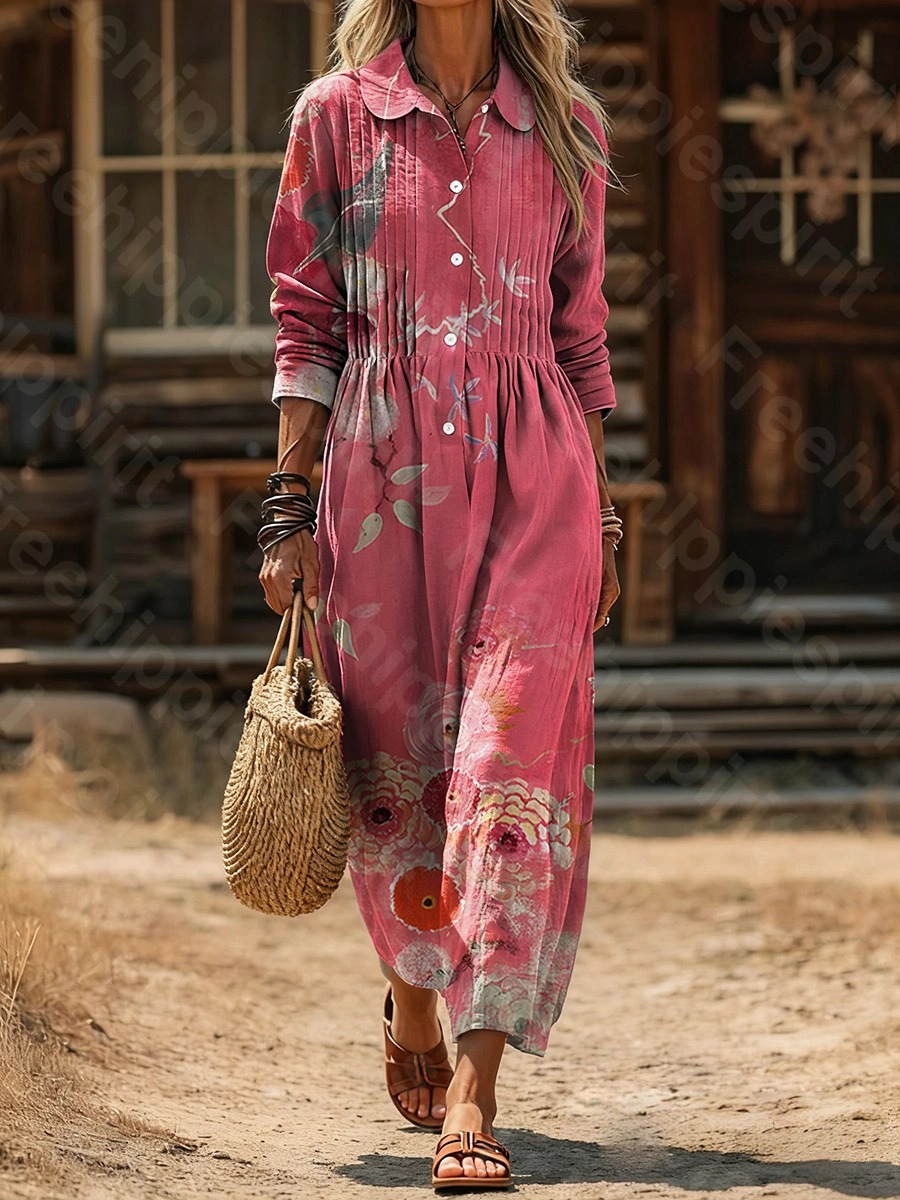 Women's Vintage Floral Art Print Casual Long-Sleeve Cotton-Linen Blend Dress