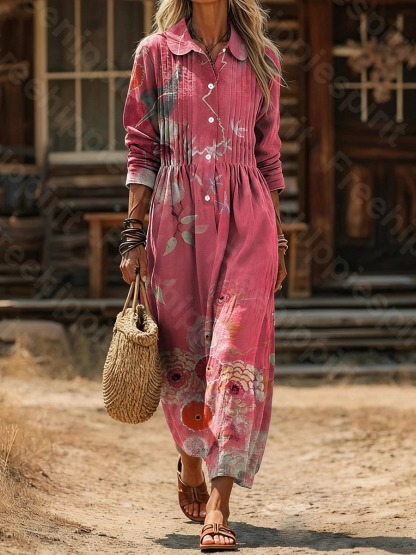 Women's Vintage Floral Art Print Casual Long-Sleeve Cotton-Linen Blend Dress