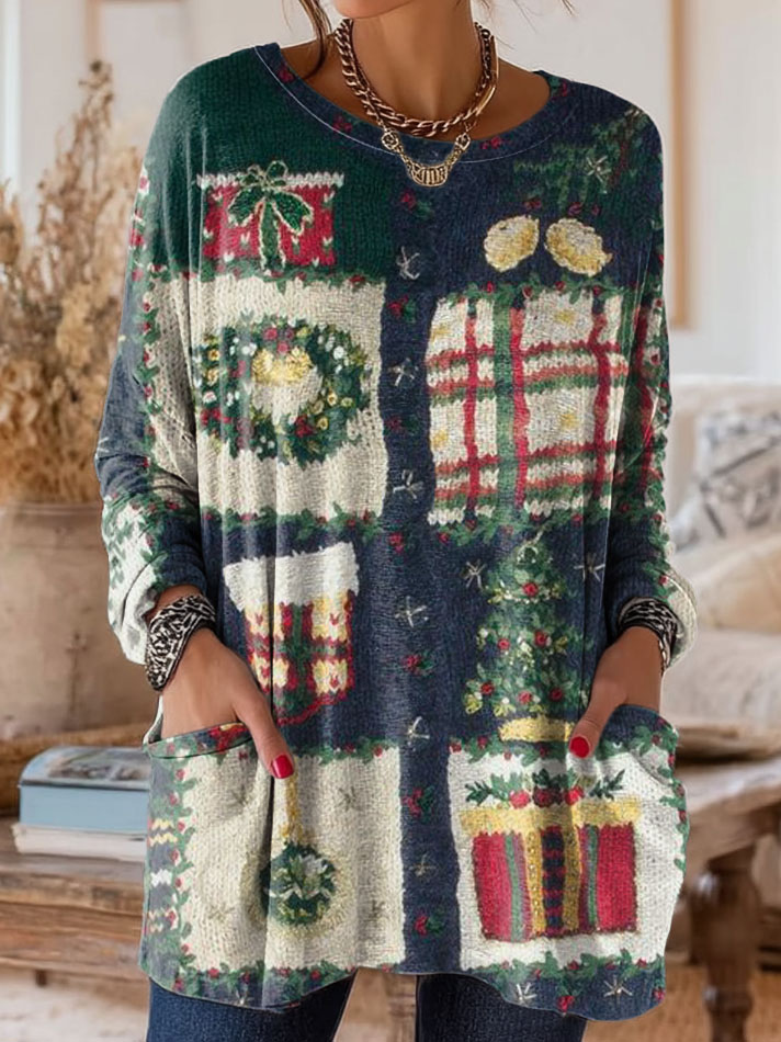 Women's Retro Christmas Pattern Patchwork Art Print Casual Long-Sleeve T-Shirt