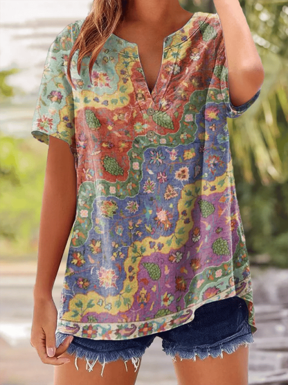 Women's Vintage Floral Print Button Design V Neck Casual Shirt