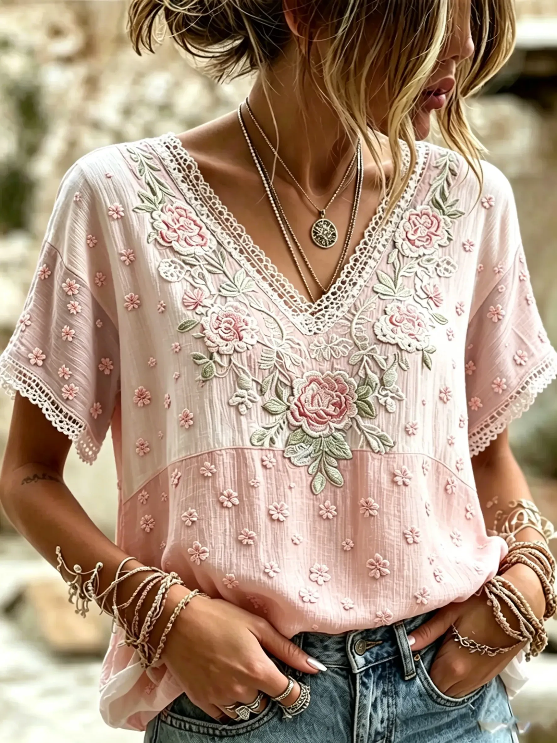 Women's Floral Patchwork Print Cotton Lace Trim V-Neck Blouse