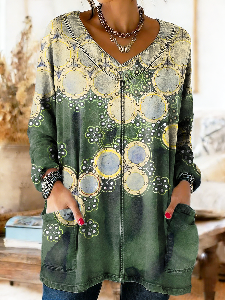 Women's Vintage Geometric Color Clash Floral Art Print Casual V-neck Pocket Long Sleeve Washed Denim Shirt