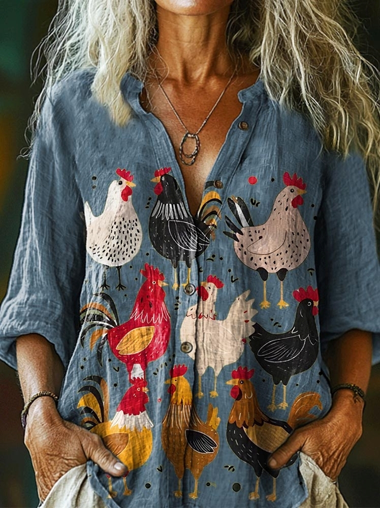 Women's Retro Cute Chicken Art Print Casual Cotton Linen Shirt