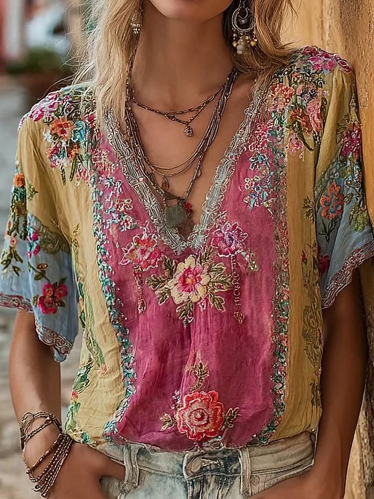 Women's Vintage Pink Floral Art V-Neck Linen Blend T-Shirt