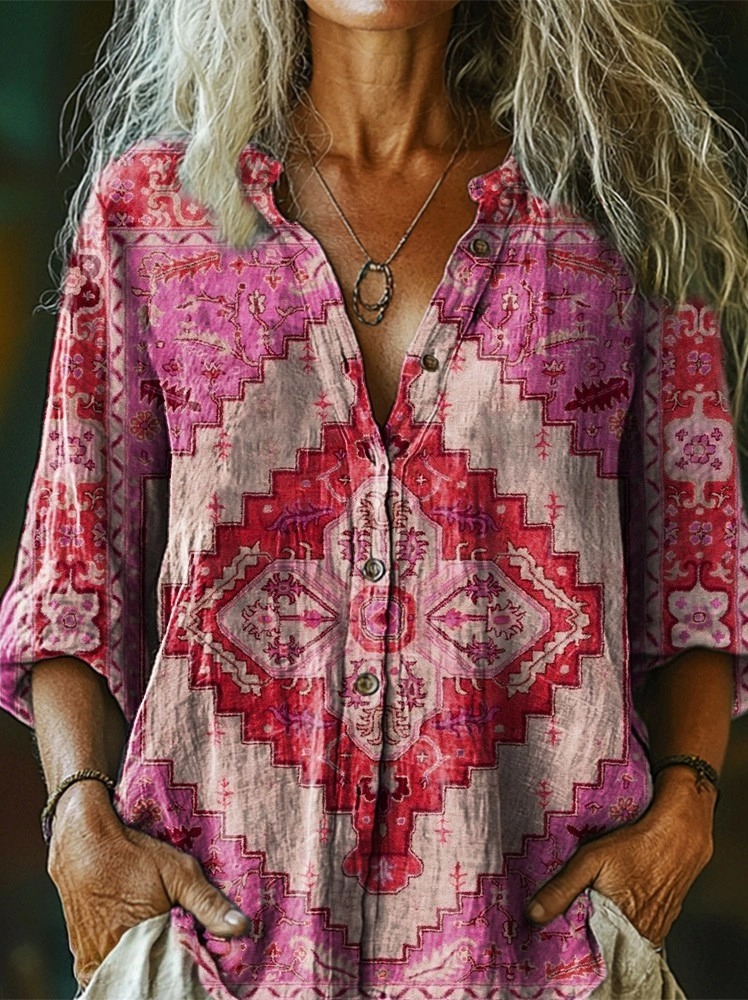 Women's Vintage National Style Abstract Floral Geometry Art Print Casual Cotton Linen Shirt